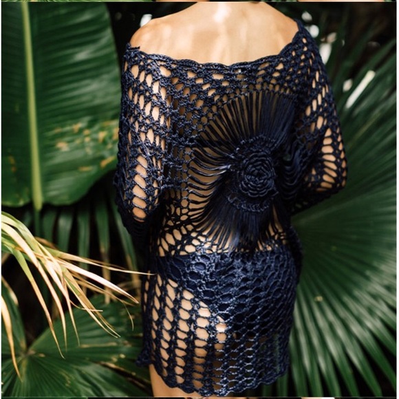 Black Crochet Long Sleeve Tunic Coverup Top - Picture 2 of 2